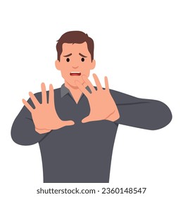 Young business man shocked, afraid, scared, and terrified with fear expression while opened mouth, stop gesture with palm hands. Flat vector illustration isolated on white background