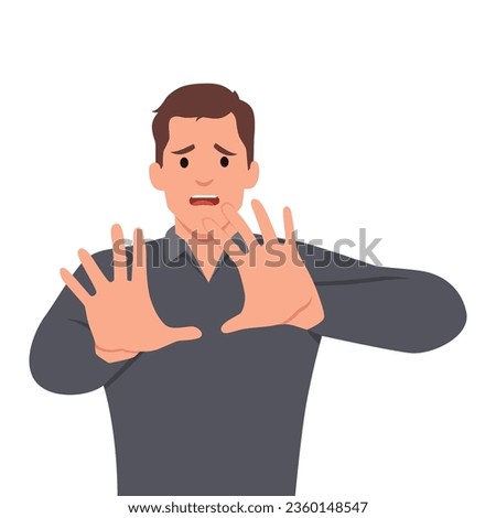 Young business man shocked, afraid, scared, and terrified with fear expression while opened mouth, stop gesture with palm hands. Flat vector illustration isolated on white background