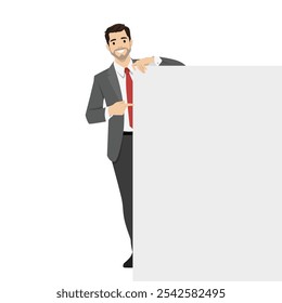 Young business man showing blank poster, pointing finger. Flat vector illustration isolated on white background