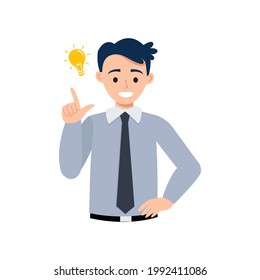 Young business man showing gesture of a good idea. Flat vector cartoon design
