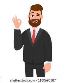 Young business man showing OKAY/OK sign gesturing hand. Emotion and body language concept in cartoon style vector illustration.
