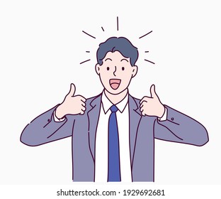 Young business man showing thumbs up positive gesture with hand. Confident concept. Hand drawn in thin line style, vector illustrations.