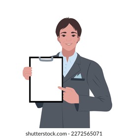 Ein junger Geschäftsmann zeigt ein leeres Notizbuch. ein Mann hält ein leeres Notizbuch in den Händen. Männliches Zeichendesign. Moderner Lebensstil. Vektorgrafik