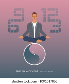 Young business man sitting meditation on the clock with digital number background. Business time management concept.
