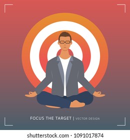 Young business man sitting meditation with the target background. Focus the business goal concept.