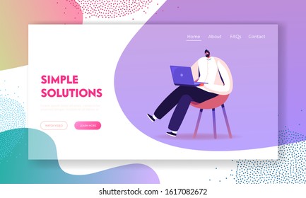 Young Business Man Sitting on Chair Working on Laptop Website Landing Page. Freelancer Work Remotely at Home or Coworking Place Using Smart Device. Web Page Banner. Cartoon Flat Vector Illustration