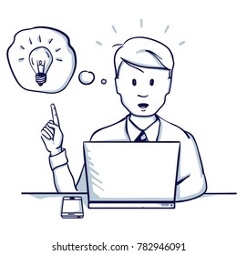 Young business man sitting at the table, next to his laptop she had an idea. Hand drawn doodle cartoon vector illustration.