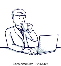 Young business man sitting at the table, next to his laptop and drinking tea. Hand drawn doodle cartoon vector illustration.
