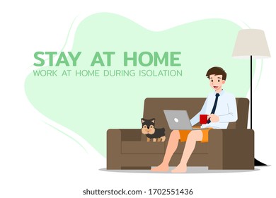Young business man is sitting and working with laptop on the sofa at home with his dog. Online job in social for safety and to protect him from Corona virus. Vector illustration flat design.
