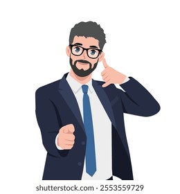 Young business man speaking on phone and pointing you gesture. Flat Vector Character Isolated.