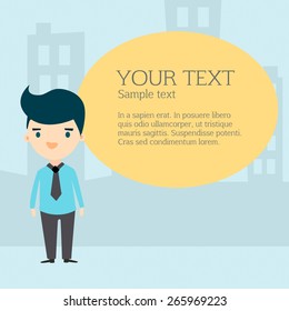 Young business man with speech bubble against urban city silhouette