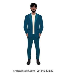 Young business man standing in blue suit with hands in his pockets. Flat vector illustration isolated on white background