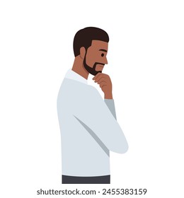 Joven hombre de negocios de pie y pensando. Ilustración vectorial plana aislada sobre fondo blanco