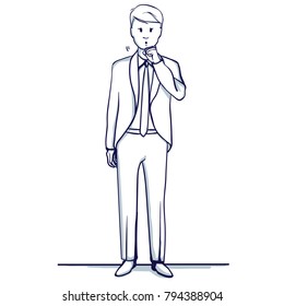 Young business man stands. He coughs, fell ill. Hand drawn doodle cartoon vector illustration.
