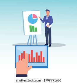 joven empresario con formación estadística caracter diseño de ilustración vectorial