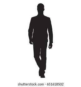 Young business man in suit goes forward, front view, isolated vector silhouette