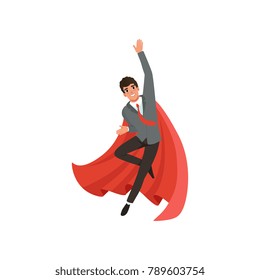 Young business man in suit, red tie and superhero cloak. Cartoon guy in flying action. Career advancement. Successful office worker with happy face. Flat vector design