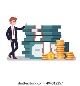 Young business man in suit showing off his money, pile of huge stacked dollar banknotes and gold coins. Modern colorful flat style vector illustration isolated on white background.