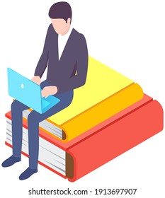 Young business man in suit sits on pile of books and looks to laptop at seminar. Online education, media library, e-learning isometric vector. Student typing on keyboard. Distance learning, knowledge