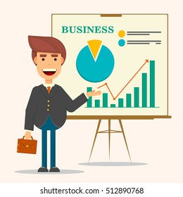 Young business man in business suit and tie making presentation in front of whiteboard. Smiling man personage with suitcase. Flat vector.