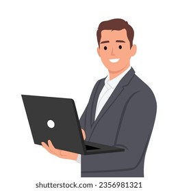 Young business man in suit using laptop computer on hand. Flat vector illustration isolated on white background