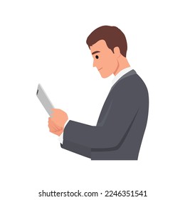 Young Business man with tablet. Manager in suit. Flat vector illustration isolated on white background