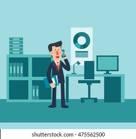 A young business man talking on her phone in office. Businessman at work vector concept. Modern office interior design with business desk and furniture