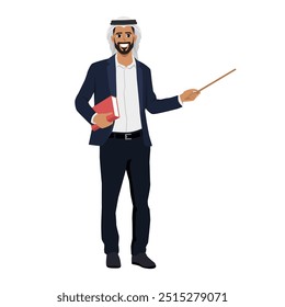 Young business man teaching presentation with pointer and holding a book. Flat Vector character illustration