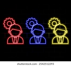 Hombre de negocios joven que piensa y que se pregunta sobre el próximo trabajo o proyecto. Concepto de Ilustración vectorial de resplandor de neón de icono de elección de carrera.