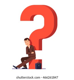 Young business man thinking and asking himself about next job or project. Career choosing concept. Modern flat style vector illustration isolated on white background.
