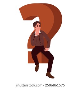 Young business man thinking and wondering about next job or project. Career choice concept. Modern flat style vector illustration isolated on white background.