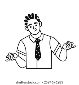 Young business man in a thoughtful pose. Hands to the sides. Male doodle character. Vector black and white illustration in flat linear style