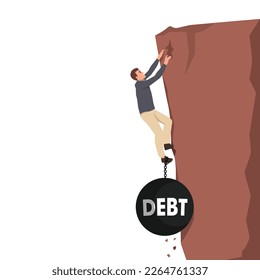 Young business man try hard to climb up the cliff but debt burden bring him down. Business concept on debt.. Flat vector illustration isolated on white background