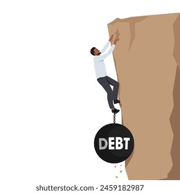 Young business man try hard to climb up the cliff but debt burden bring him down. Flat vector illustration isolated on white background