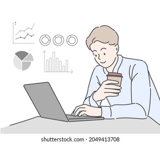 Young business man uses a laptop at work and comes up with new ideas. Freelancer working at home concept. Hand drawn in thin line style, vector illustrations.