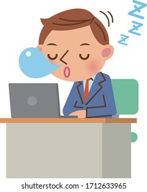 Young business man using laptop at desk (image of dozing)