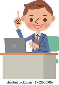 Joven hombre de negocios que usa portátil en el escritorio (apuntando, mirando la cámara)
