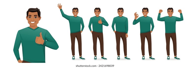 Young business man wearing casual green sweater in different poses set. Various gestures in full length - greeting, showing ok sign, thumbs up, celebrating isolated vector illustration