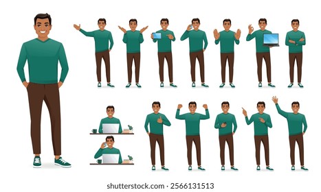 Young business man wearing casual green sweater. Different poses set. Various gestures male character standing and sitting at the desk isolated vector illustration