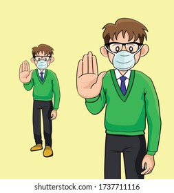 Young business man wearing face medical mask and showing stop hand sign. cartoon vector illustration