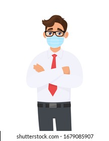 Young business man wearing medical mask to prevent disease and standing crossed arm. Trendy person covering surgical face mask and posing folded hand. Male cartoon illustration design in vector style.