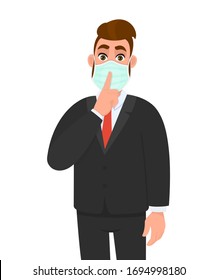 Young business man wearing medical mask and asking silence. Trendy hipster person gesturing finger on lips. Male character covering face protection from virus. Cartoon illustration design in vector.