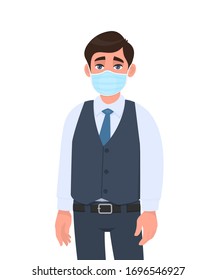 Young business man wearing medical mask. Trendy person in waistcoat covering face protection from virus infection. Modern lifestyle concept. Male character design cartoon illustration in vector style.