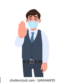 Young business man wearing medical mask and showing stop sign with hand palm. Person in waistcoat covering face protection and gesturing warning symbol. Male cartoon illustration in vector style.