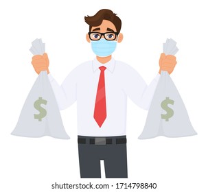 Young Business Man Wearing Medical Mask And Holding Cash, Money Bags With Dollar Sign. Trendy Person In Eye Glasses Showing Currency Notes Sacks. Male Character Illustration Design In Vector Cartoon.