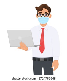 Young Business Man Wearing Medical Mask And Holding Laptop Computer. Person With Eye Glasses Carrying PC. Modern Lifestyle And Digital Technology. Male Character Illustration In Vector Cartoon Style.