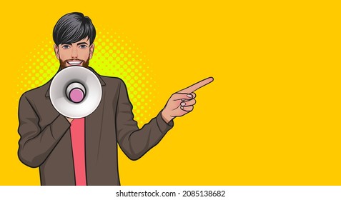 young business man wearing suit announce with megaphone Pop Art Comic Style