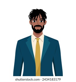 Young business man wearing suit and tie. Flat vector illustration isolated on white background