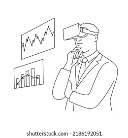 Young business man wearing virtual reality headset. Hand drawn vector illustration. Black and white.