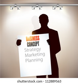 Young business man with white blank board.  Vector background